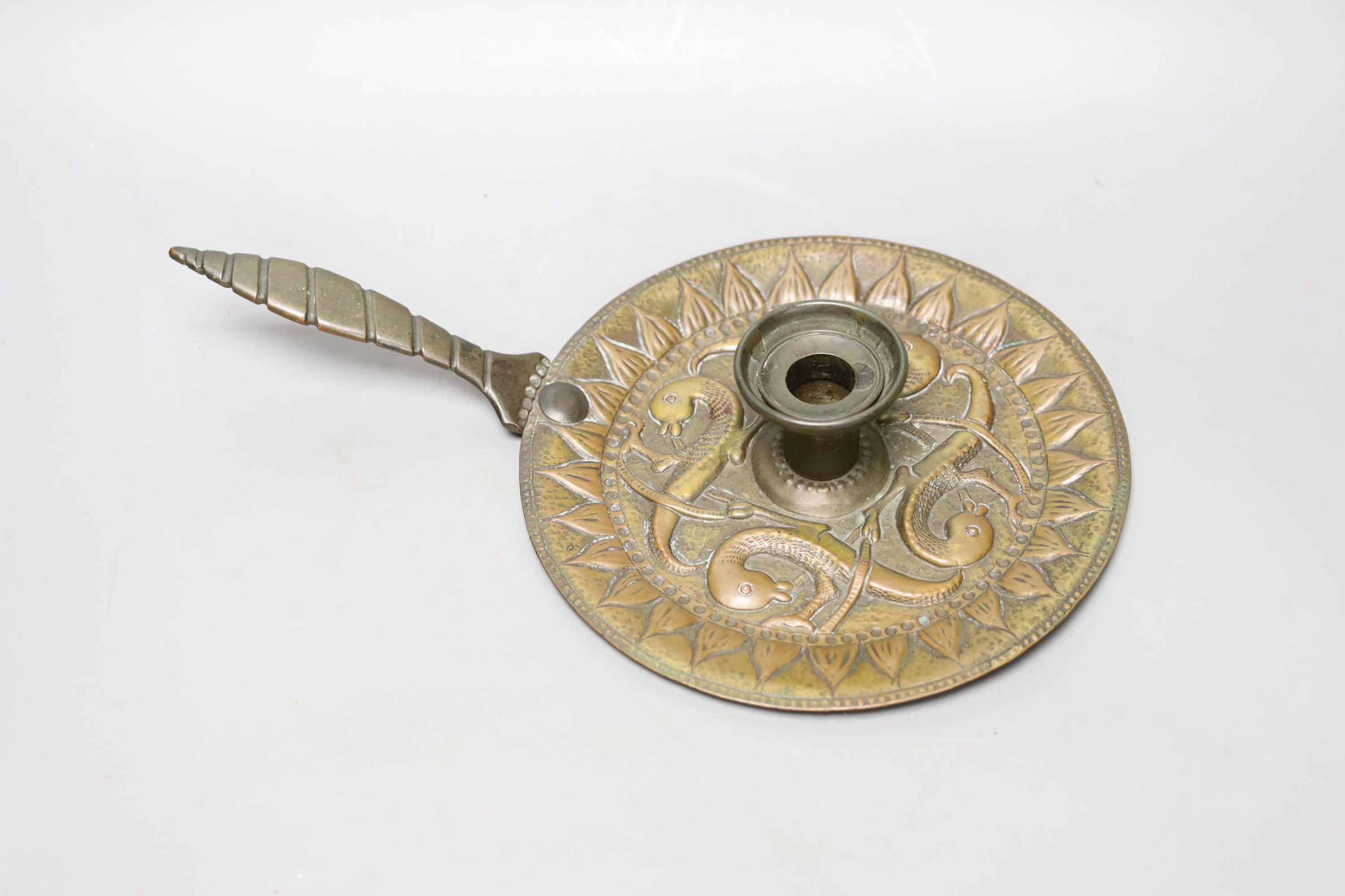 John Pearson (1859-1930) - an Arts & Crafts copper and brass chamberstick, length 33.5cm